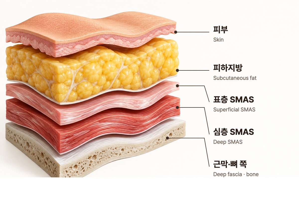피부·피하지방·표층 SMAS·심층 SMAS·근막을 구분한 조직층 설명 그림 · 설명용 그림 · 실제 환자 사진이 아닙니다
